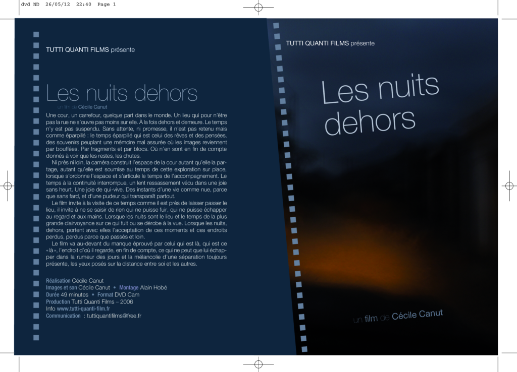 Promotional artwork for the film Les nuits dehors, including synopsis and technical details